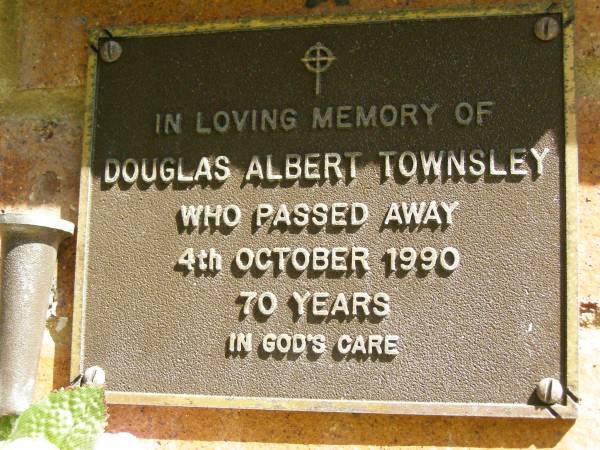 Douglas Albert TOWNSLEY,  | died 4 Oct 1990 aged 70 years;  | Bribie Island Memorial Gardens, Caboolture Shire  | 