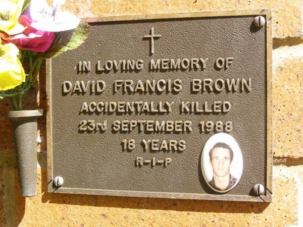 David Francis BROWN,  | accidentally killed 23 Sept 1988 aged 18 years;  | Bribie Island Memorial Gardens, Caboolture Shire  | 