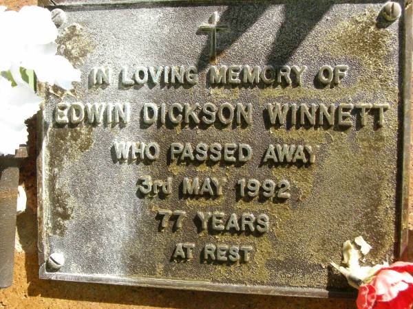 Edwin Dickson WINNETT,  | died 3 May 1992 aged 77 years;  | Bribie Island Memorial Gardens, Caboolture Shire  | 