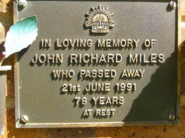John Richard MILES,  | died 21 June 1991 aged 78 years;  | Bribie Island Memorial Gardens, Caboolture Shire  | 