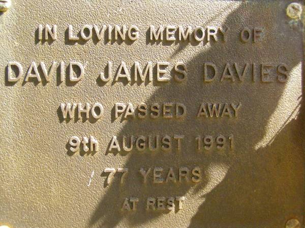 David James DAVIES,  | died 9 Aug 1991 aged 77 years;  | Bribie Island Memorial Gardens, Caboolture Shire  | 