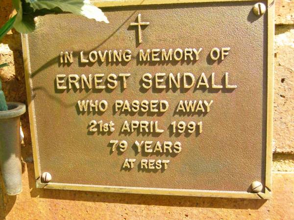 Ernest SENDALL,  | died 21 April 1991 aged 79 years;  | Bribie Island Memorial Gardens, Caboolture Shire  | 