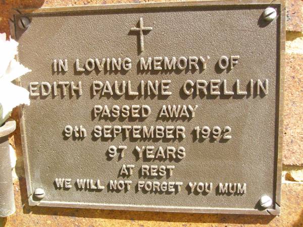 Edith Pauline CRELLIN,  | mum,  | died 9 Sept 1992 aged 97 years;  | Bribie Island Memorial Gardens, Caboolture Shire  | 