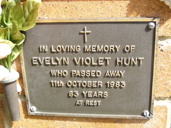 Evelyn Violet HUNT,  | died 11 Oct 1983 aged 83 years;  | Bribie Island Memorial Gardens, Caboolture Shire  | 