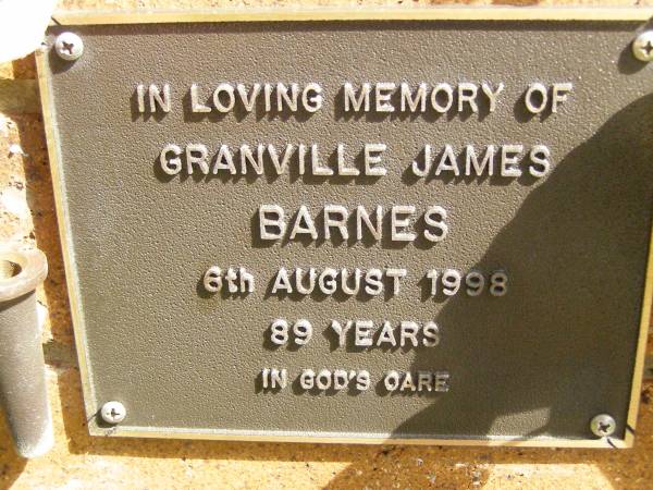 Granville James BARNES,  | died 6 Aug 1998 aged 89 years;  | Bribie Island Memorial Gardens, Caboolture Shire  | 