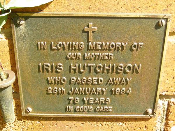 Iris HUTCHISON,  | mother,  | died 26 Jan 1994 aged 78 years;  | Bribie Island Memorial Gardens, Caboolture Shire  | 