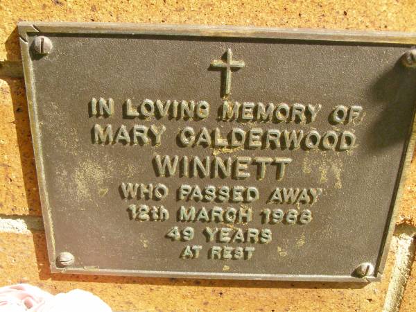 Mary Calderwood WINNETT,  | died 12 March 1988 aged 49 years;  | Bribie Island Memorial Gardens, Caboolture Shire  | 