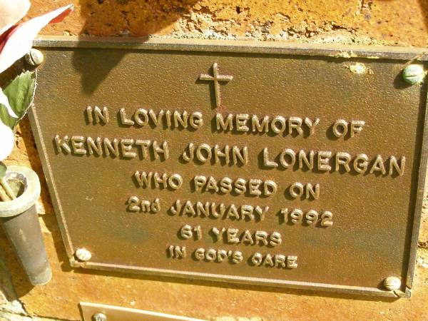 Kenneth John LONERGAN,  | died 2 Jan 1992 aged 61 years;  | Bribie Island Memorial Gardens, Caboolture Shire  | 