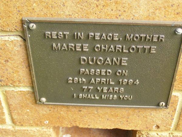 Maree Charlotte DUCANE,  | mother,  | died 29 April 1994 aged 77 years;  | Bribie Island Memorial Gardens, Caboolture Shire  | 