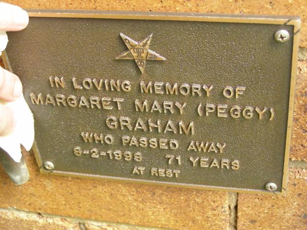 Margaret Mary (Peggy) GRAHAM,  | died 8-2-1998 aged 71 years;  | Bribie Island Memorial Gardens, Caboolture Shire  | 