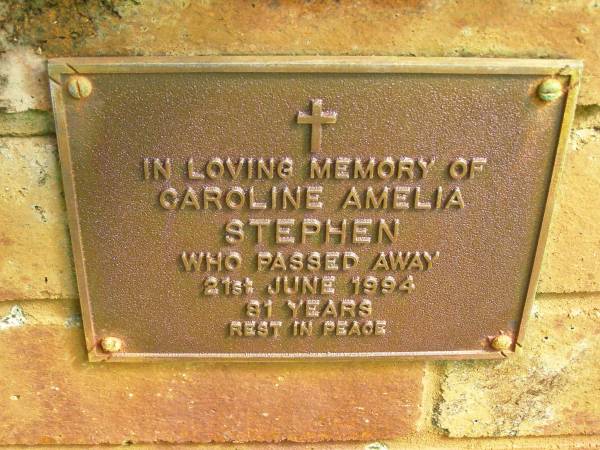 Caroline Amelia STEPHEN,  | died 21 June 1994 aged 81 years;  | Bribie Island Memorial Gardens, Caboolture Shire  | 