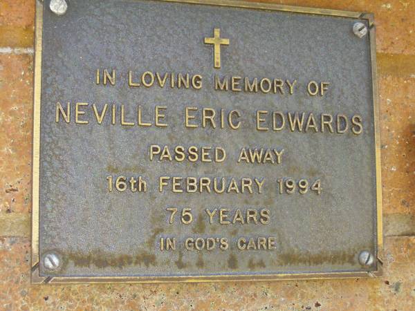 Neville Eric EDWARDS,  | died 16 Feb 1994 aged 75 years;  | Bribie Island Memorial Gardens, Caboolture Shire  | 