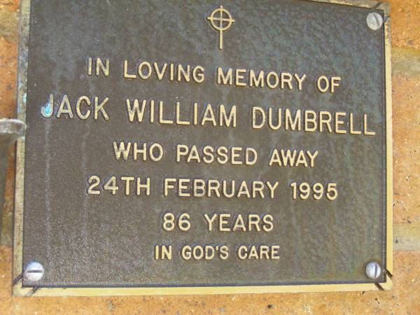 Jack William DUMBRELL,  | died 24 Feb 1995 aged 86 years;  | Bribie Island Memorial Gardens, Caboolture Shire  | 