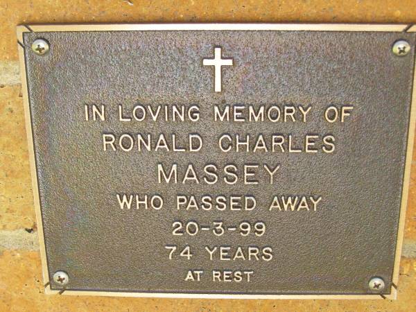 Ronald Charles MASSEY,  | died 20-3-99 aged 74 years;  | Bribie Island Memorial Gardens, Caboolture Shire  | 
