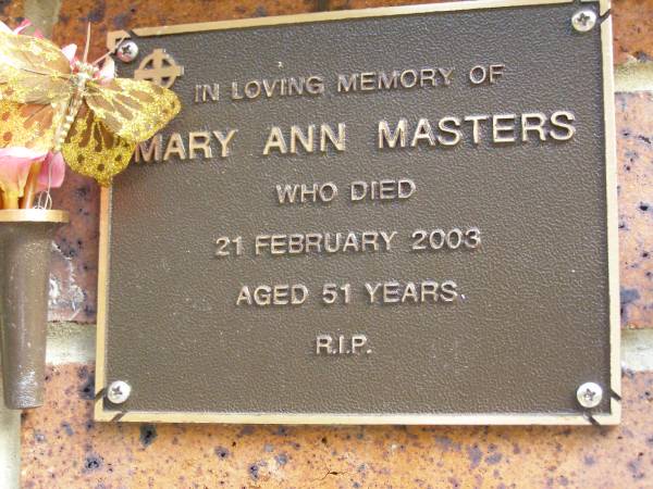 Mary Ann MASTERS,  | died 21 Feb 2003 aged 51 years;  | Bribie Island Memorial Gardens, Caboolture Shire  | 