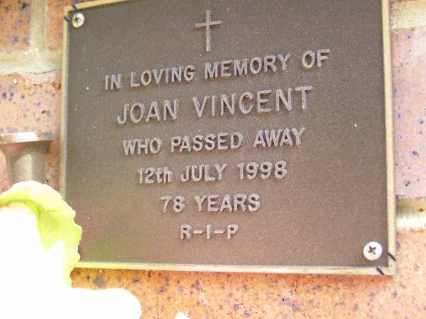 Joan VINCENT,  | died 12 July 1998 aged 78 years;  | Bribie Island Memorial Gardens, Caboolture Shire  | 
