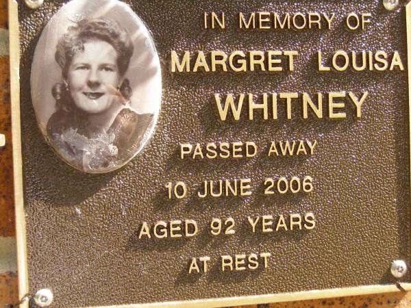 Margret Louisa WHITNEY,  | died 10 June 2006 aged 92 years;  | Bribie Island Memorial Gardens, Caboolture Shire  | 