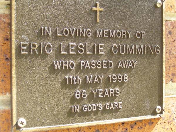 Eric Leslie CUMMING,  | died 11 May 1998 aged 66 years;  | Bribie Island Memorial Gardens, Caboolture Shire  | 