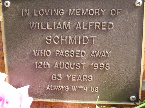 William Alfred SCHMIDT,  | died 12 Aug 1998 aged 83 years;  | Bribie Island Memorial Gardens, Caboolture Shire  | 