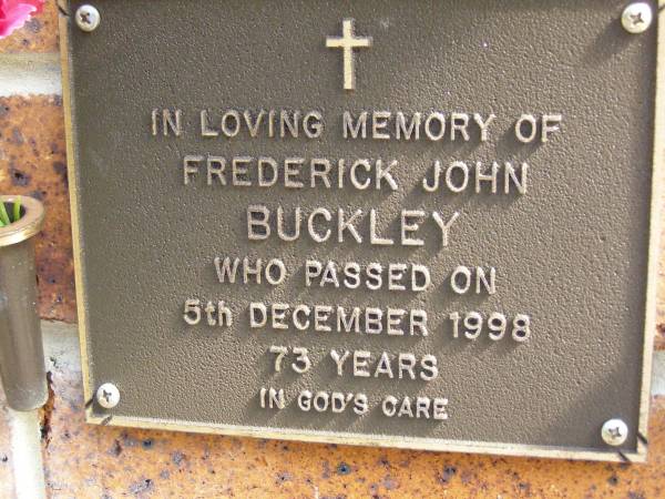 Frederick John BUCKLEY,  | died 5 Dec 1998 aged 73 years;  | Bribie Island Memorial Gardens, Caboolture Shire  | 