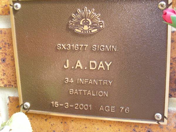 J.A. DAY,  | died 15-3-2001 aged 76 years;  | Bribie Island Memorial Gardens, Caboolture Shire  | 