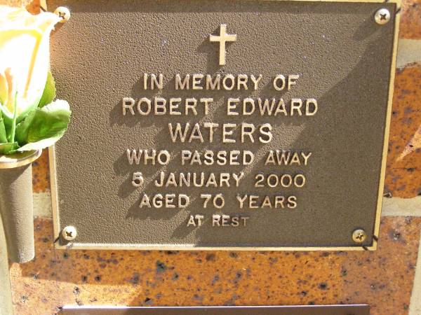 Robert Edward WATERS,  | died 5 Jan 2000 aged 70 years;  | Bribie Island Memorial Gardens, Caboolture Shire  | 