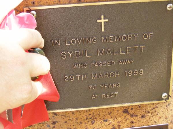 Sybil MALLETT,  | died 29 March 1998 aged 75 years;  | Bribie Island Memorial Gardens, Caboolture Shire  | 