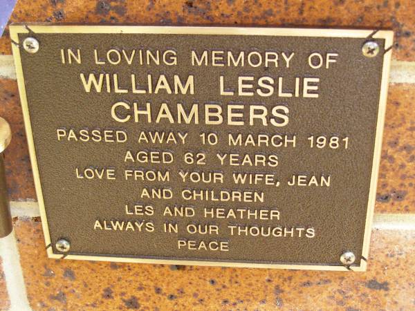 William Leslie CHAMBERS,  | died 10 March 1981 aged 62 years,  | wife Jean,  | children Les & Heather;  | Bribie Island Memorial Gardens, Caboolture Shire  | 