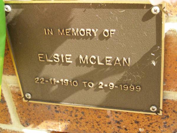 Elsie MCLEAN,  | 22-11-1910 - 2-9-1999;  | Bribie Island Memorial Gardens, Caboolture Shire  | 
