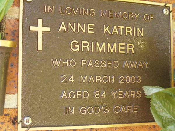 Anne Katrin GRIMMER,  | died 24 March 2003 aged 84 years;  | Bribie Island Memorial Gardens, Caboolture Shire  | 