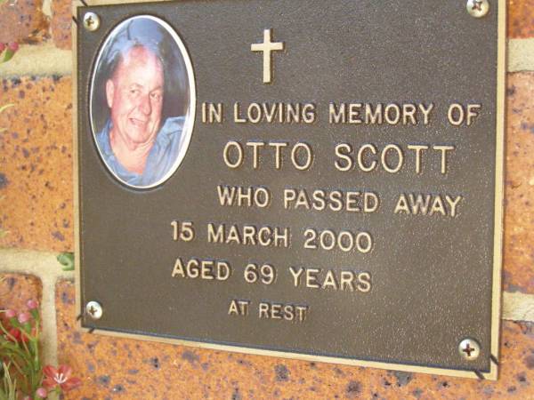 Otto SCOTT,  | died 15 March 2000 aged 69 years;  | Bribie Island Memorial Gardens, Caboolture Shire  | 