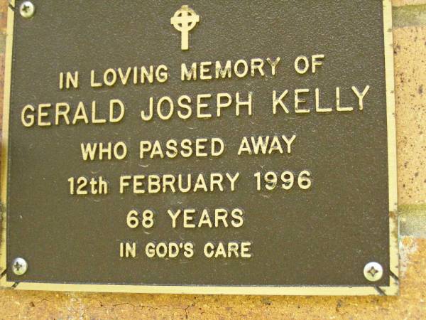 Gerald Joseph KELLY,  | died 12 Feb 1996 aged 68 years;  | Bribie Island Memorial Gardens, Caboolture Shire  | 