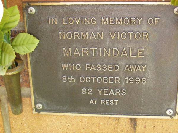 Norman Victor MARTINGDALE,  | died 8 Oct 1996 aged 82 years;  | Bribie Island Memorial Gardens, Caboolture Shire  | 