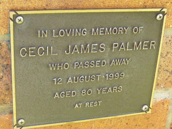 Cecil James PALMER,  | died 12 Aug 1999 aged 80 years;  | Bribie Island Memorial Gardens, Caboolture Shire  | 