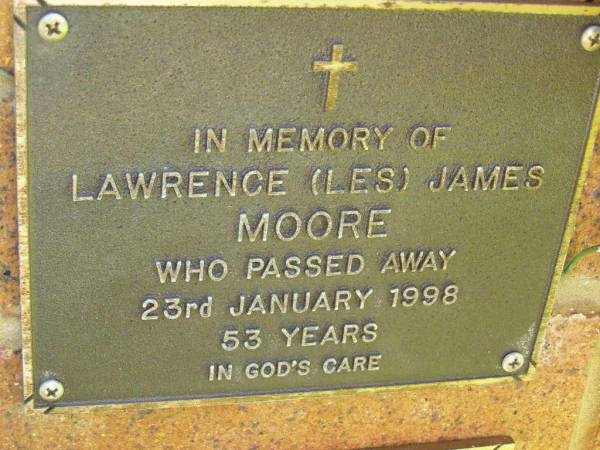 Lawrence (Les) James MOORE,  | died 23 Jan 1998 aged 53 years;  | Bribie Island Memorial Gardens, Caboolture Shire  | 