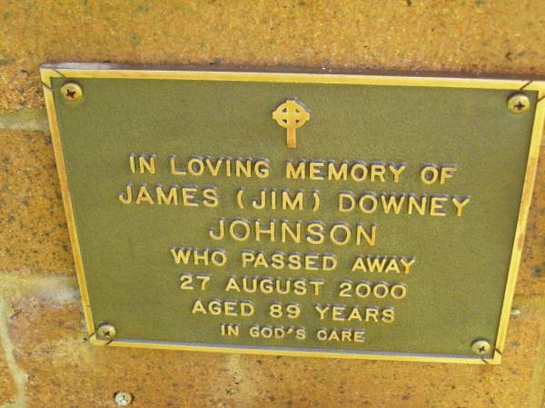 James (Jim) Downey JOHNSON,  | died 27 Aug 2000 aged 89 years;  | Bribie Island Memorial Gardens, Caboolture Shire  | 