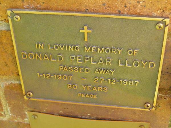 Donald Peplar LLOYD,  | 1-12-1907 - 27-12-1987 aged 80 years;  | Bribie Island Memorial Gardens, Caboolture Shire  | 