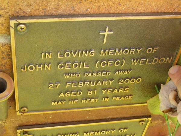 John Cecil (Cec) WELDON,  | died 27 Feb 2000 aged 81 years;  | Bribie Island Memorial Gardens, Caboolture Shire  | 