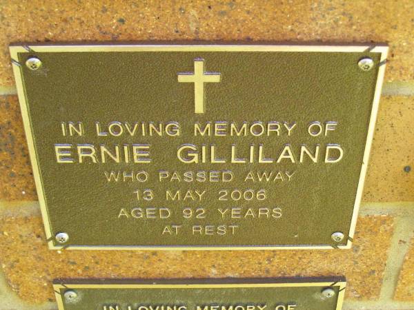 Ernie GILLILAND,  | died 13 May 2006 aged 92 years;  | Bribie Island Memorial Gardens, Caboolture Shire  | 