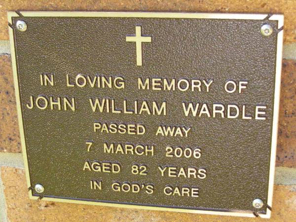 John William WARDLE,  | died 7 March 2006 aged 82 years;  | Bribie Island Memorial Gardens, Caboolture Shire  | 