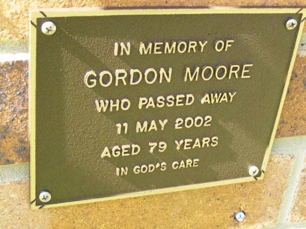 Gordon MOORE,  | died 11 May 2002 aged 79 years;  | Bribie Island Memorial Gardens, Caboolture Shire  | 