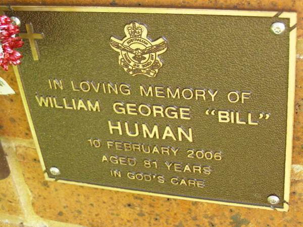 William George (Bill) HUMAN,  | died 10 Feb 2006 aged 81 years;  | Bribie Island Memorial Gardens, Caboolture Shire  | 