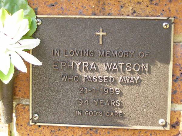 Ephyra WATSON,  | died 21-1-1999 aged 94 years;  | Bribie Island Memorial Gardens, Caboolture Shire  | 