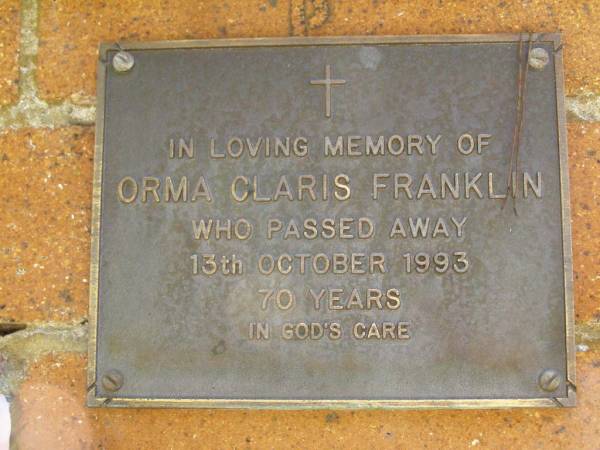 Orma Claris FRANKLIN,  | died 13 Oct 1993 aged 70 years;  | Bribie Island Memorial Gardens, Caboolture Shire  | 
