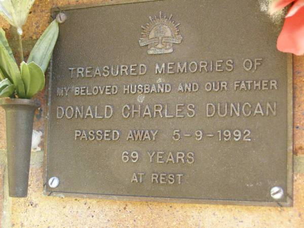 Donald Charles DUNCAN,  | husband father,  | died 5-9-1992 aged 69 years;  | Bribie Island Memorial Gardens, Caboolture Shire  | 