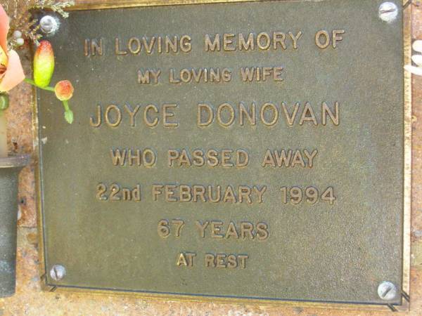 Joyce DONOVAN,  | wife,  | died 22 Feb 1994 aged 67 years;  | Bribie Island Memorial Gardens, Caboolture Shire  | 
