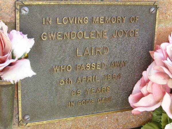 Gwendoline Joyce LAIRD,  | died 5 April 1994 aged 69 years;  | Bribie Island Memorial Gardens, Caboolture Shire  | 