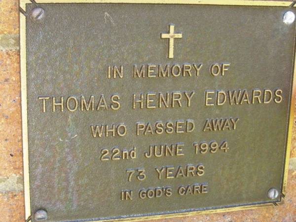 Thomas Henry EDWARDS,  | died 22 June 1994 aged 73 years;  | Bribie Island Memorial Gardens, Caboolture Shire  | 
