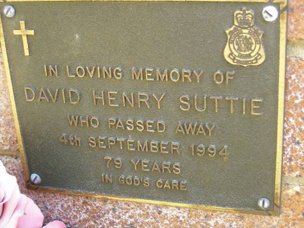David Henry SUTTIE,  | died 4 Sept 1994 aged 79 years;  | Bribie Island Memorial Gardens, Caboolture Shire  | 