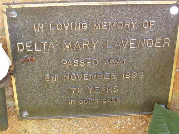 Delta Mary LAVENDAR,  | died 8 Nov 1994 aged 72 years;  | Bribie Island Memorial Gardens, Caboolture Shire  | 